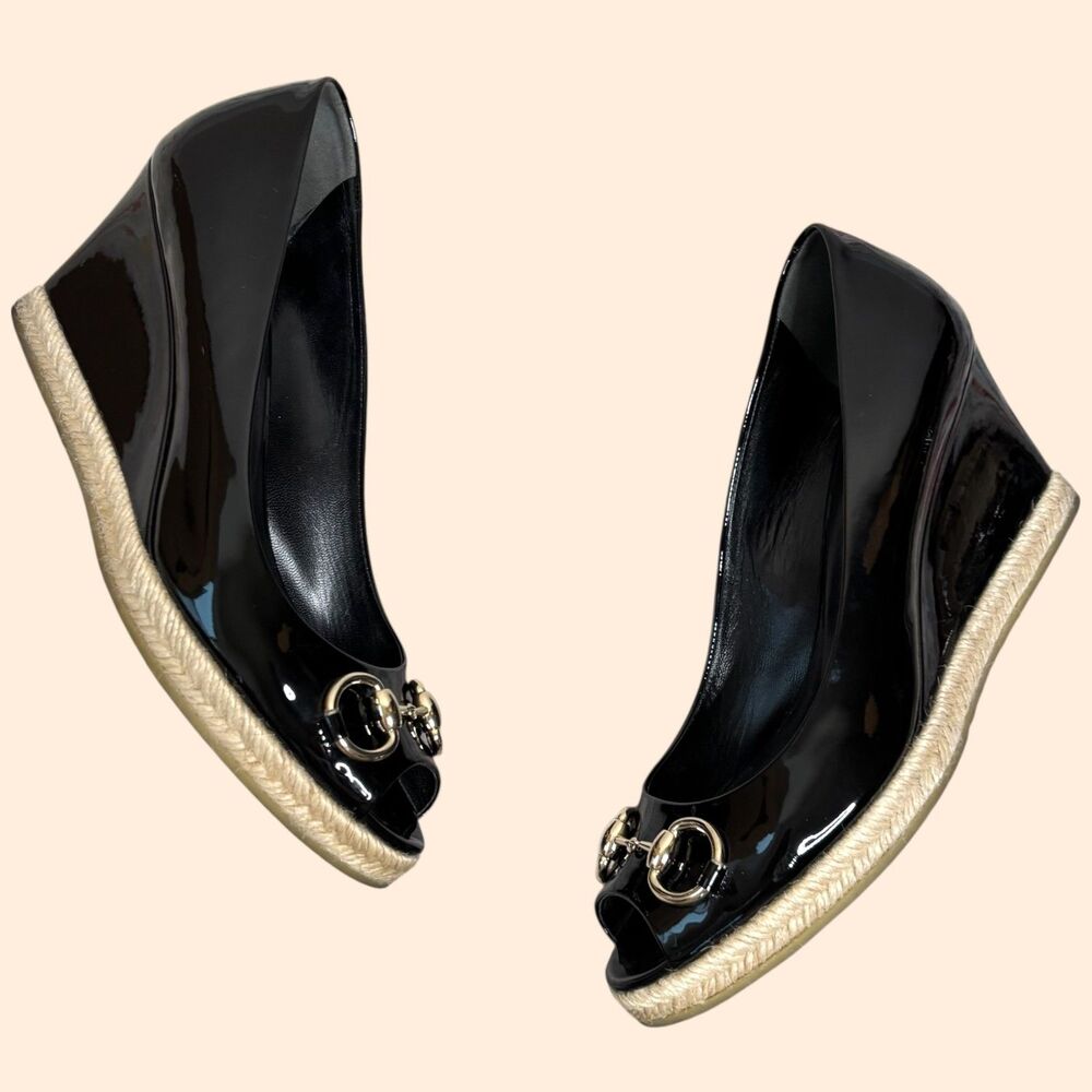 Gucci Black Patent Leather Espadrille Wedge Peep-Toe with Gold Hardware